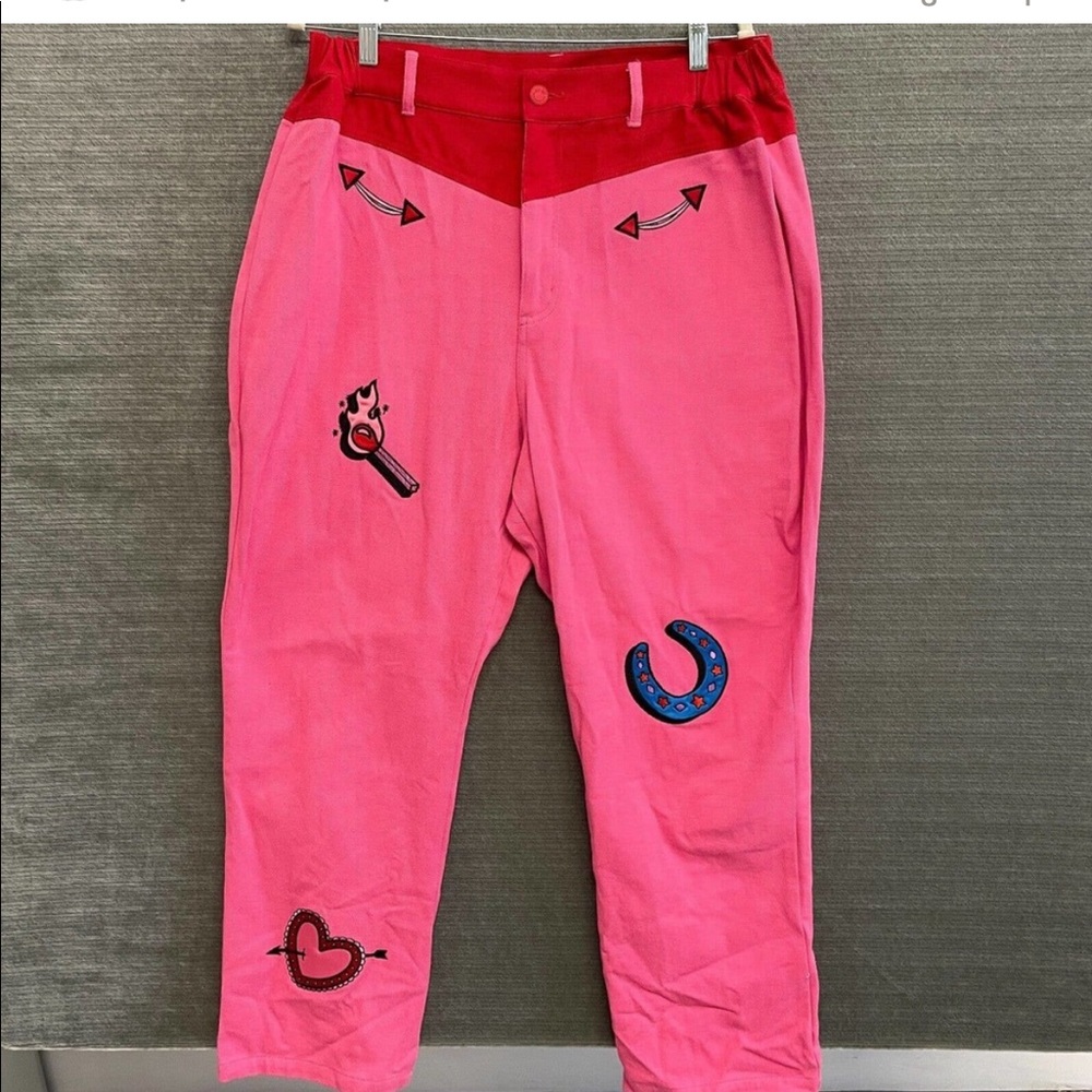Lazy Oaf Western Jeans Pants High Rise Patch Size 18 Pink/Red Cotton